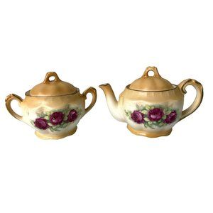 Vintage Made in Slovakia Small Teapot & Sugar Set Orange Pink Roses, Matte